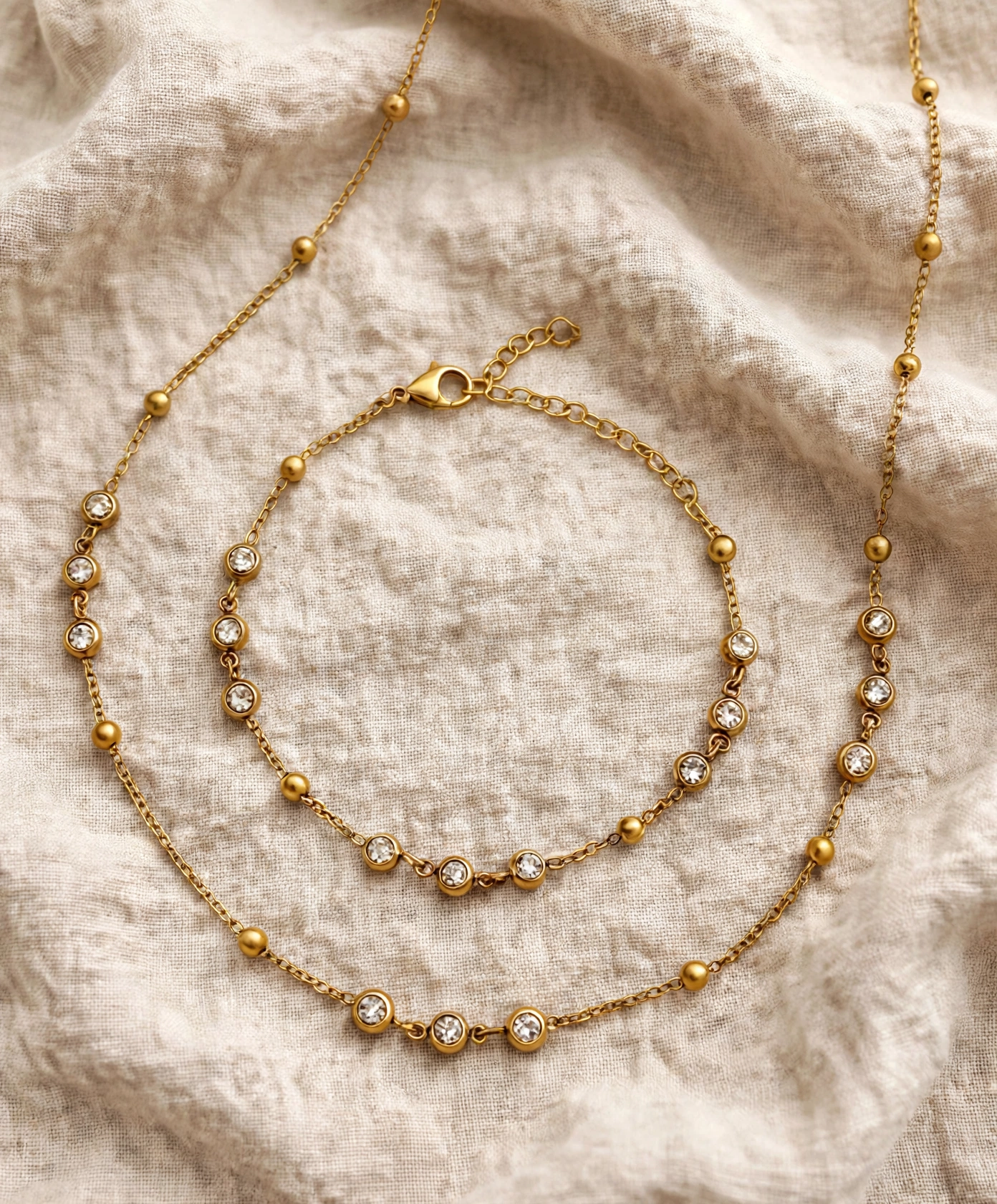 Stella Bezel Dot Chain Set - Gold Necklace & Bracelet with Crystals | MS Jewelry